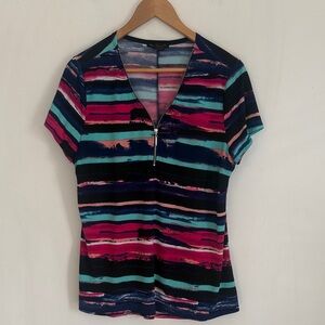 Susan Lawrence Women Striped Zip V Neck Short Sleeves Pullover Top Size XL